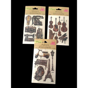 Crafters Square Puffy Stickers Set Lot 3 Pks Vintage Cameras Music Instruments